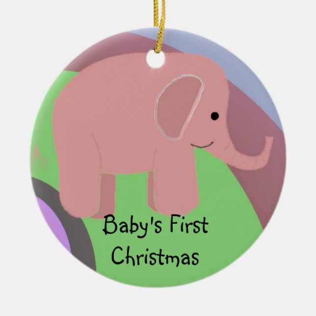 Pink Elephant Baby's Frist Christmas Ceramic Tree Decoration (Front)