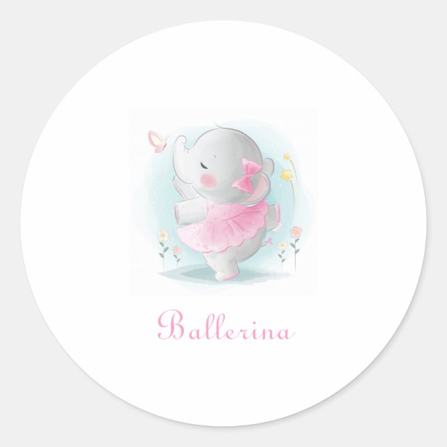 Pink Elephant Ballerina in Pink Tutu Script Baby Classic Round Sticker (Front)