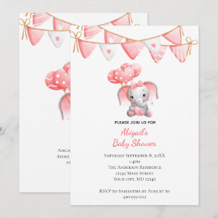 Pink Elephant Balloons Baby Shower Invitation