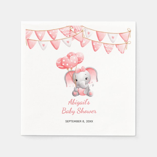 Pink Elephant Balloons Baby Shower  Napkin (Front)