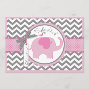 Pink Elephant Bird and Chevron Print Baby Shower Invitation