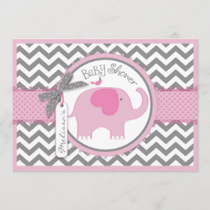 Pink Elephant Bird and Chevron Print Baby Shower Invitation