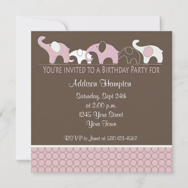 Pink Elephant Birthday Party Invitation (Front)