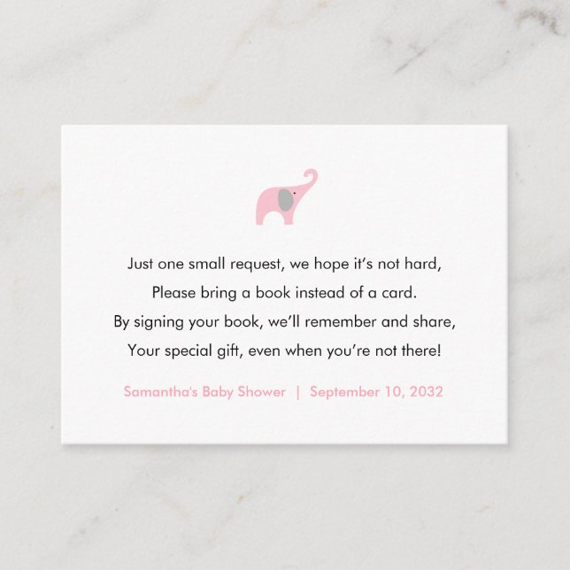 Pink Elephant Book request card / books for baby (Front)