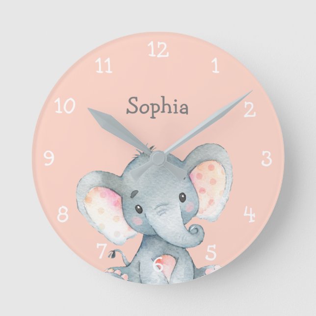 Pink Elephant Cute Baby Girl Name Personalized Round Clock (Front)