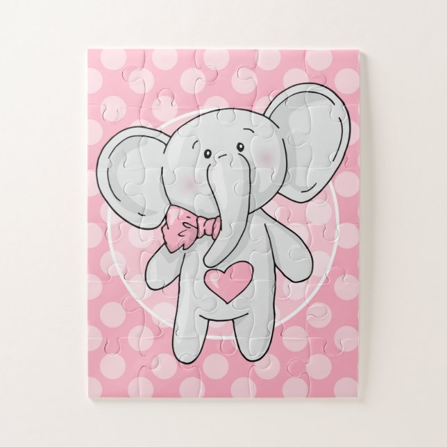 Pink Elephant - Cute Polka Dots Heart Bow Jigsaw Puzzle (Vertical)
