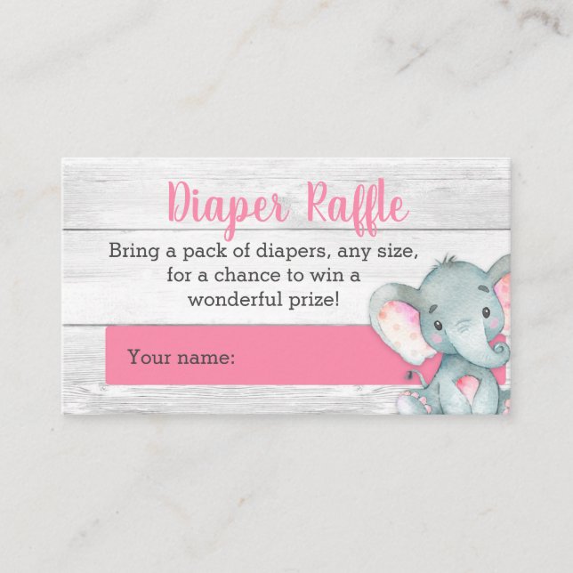 Pink Elephant Diaper Raffle Cards (Front)
