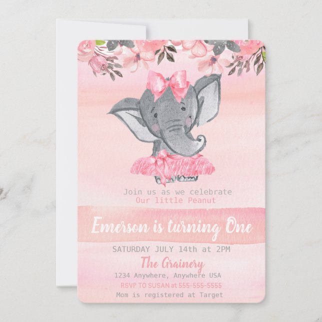 Pink Elephant First birthday,  Peanut girls Invitation (Front)