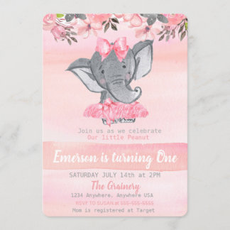 Pink Elephant First birthday,  Peanut girls Invitation