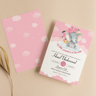 Pink Elephant Floral Girl Baby Shower Invitation