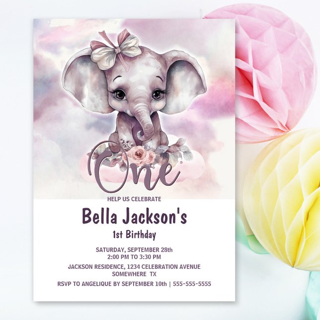 Pink Elephant Girl 1st Birthday Party Invitation (Creator Uploaded)