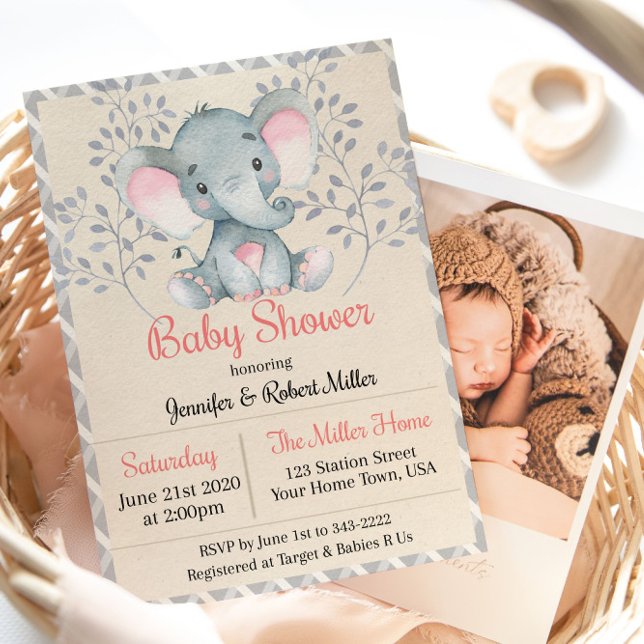 Pink Elephant Girl Baby Shower Invitation (Creator Uploaded)