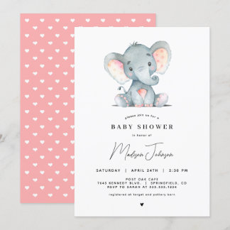 Pink Elephant Girl Baby Shower Invitation