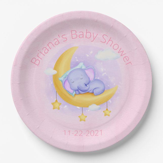 Pink Elephant Girl Baby Shower Paper Plate (Front)