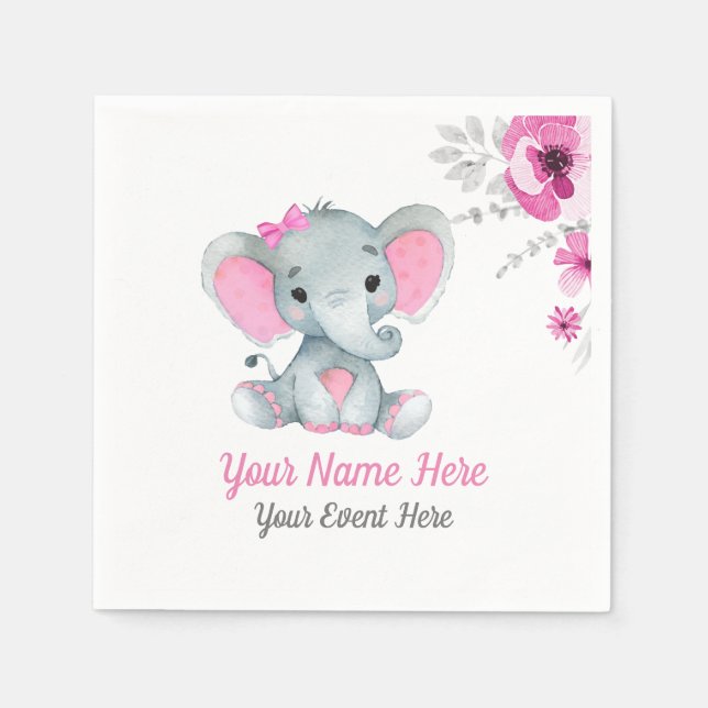 Pink Elephant Girl Napkins Baby Shower Birthday (Front)