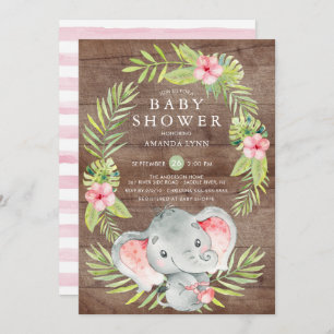 Pink Elephant Girl Rustic Baby Shower Invitation