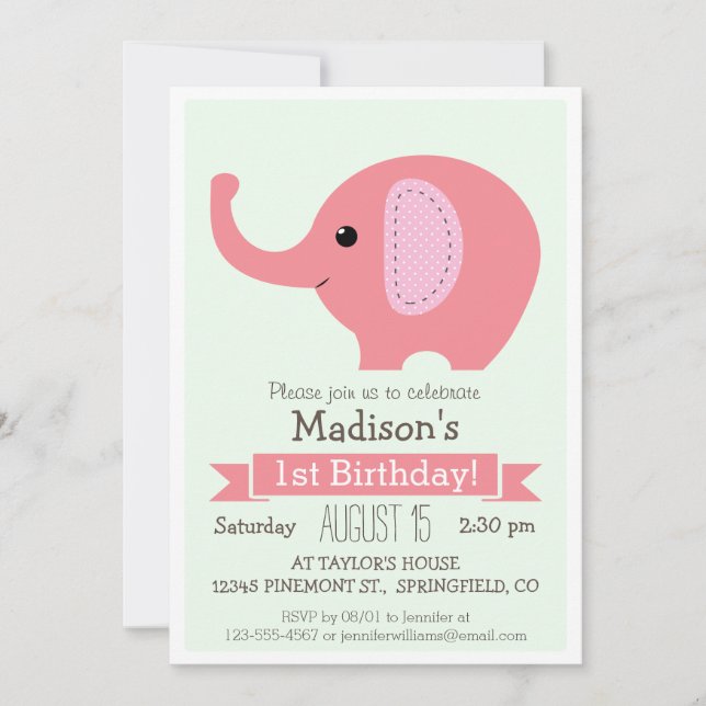 Pink Elephant Girl's Birthday Party Invitation (Front)