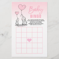 Pink Elephant Heart Girl Baby Shower BINGO Cards