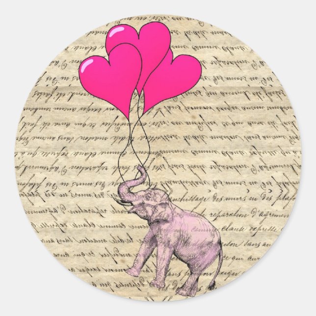 Pink elephant holding balloons classic round sticker (Front)