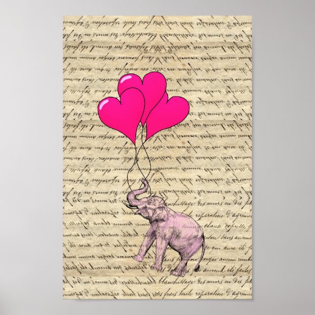 Pink elephant holding balloons poster (Front)