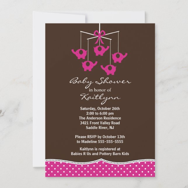 Pink Elephant Mobile Baby Shower Invitation (Front)