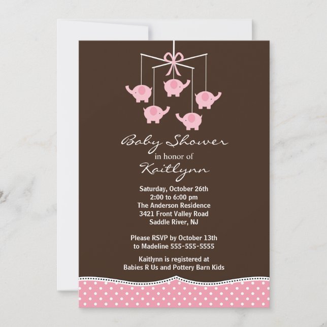 Pink Elephant Mobile Baby Shower Invitation (Front)