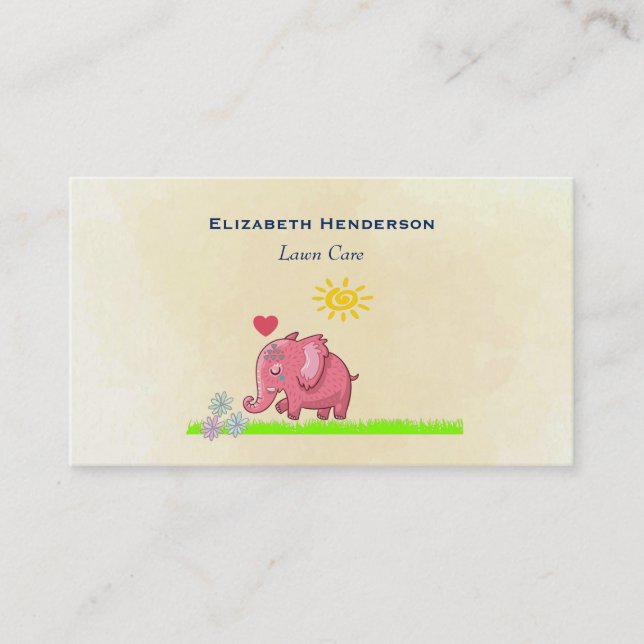 Pink Elephant On Green Grass Smelling Flowers Business Card (Front)