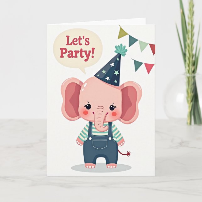 Pink Elephant Party Birthday Card (Front)