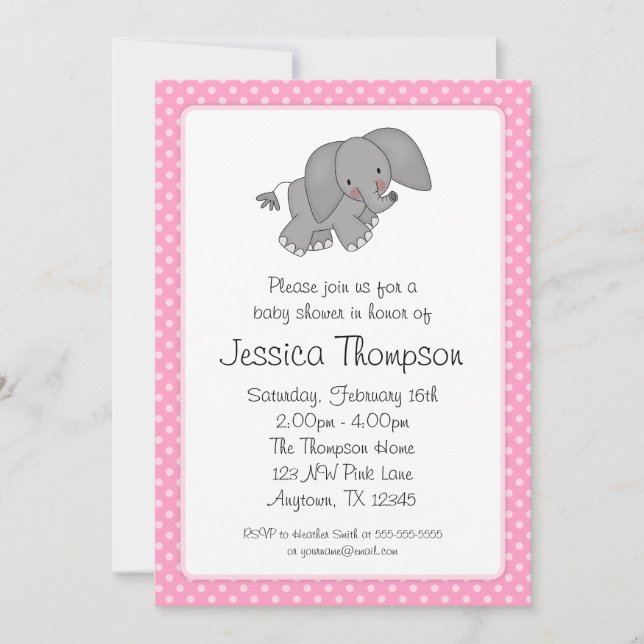 Pink Elephant Polka Dots Baby Shower Invitation (Front)