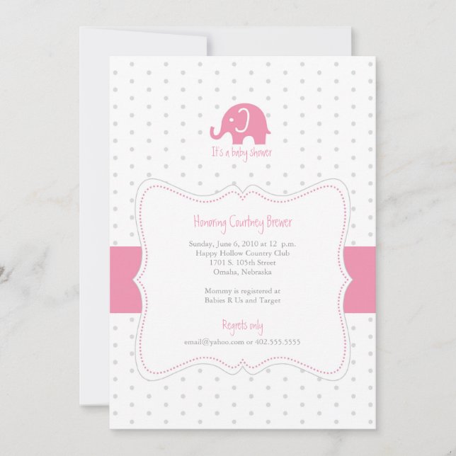 Pink Elephant Polkadot Baby Shower Invitation (Front)