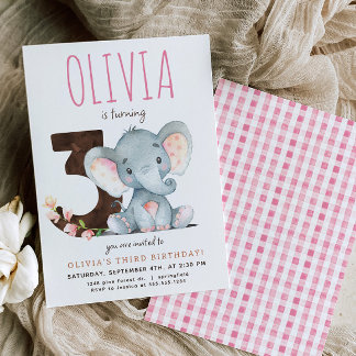 Pink Elephant Third Birthday Invitation