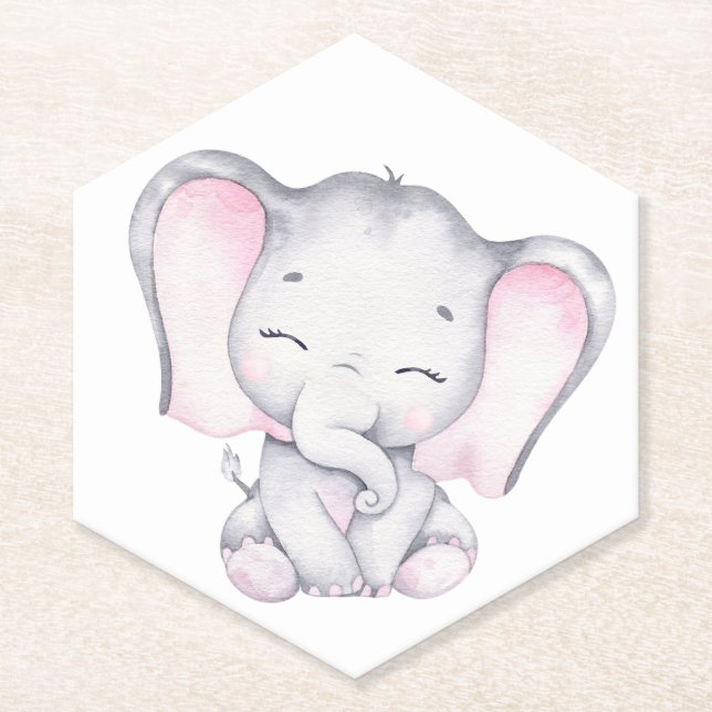 Pink Elephant Watercolor Baby Shower  Paper Coaster (Front)