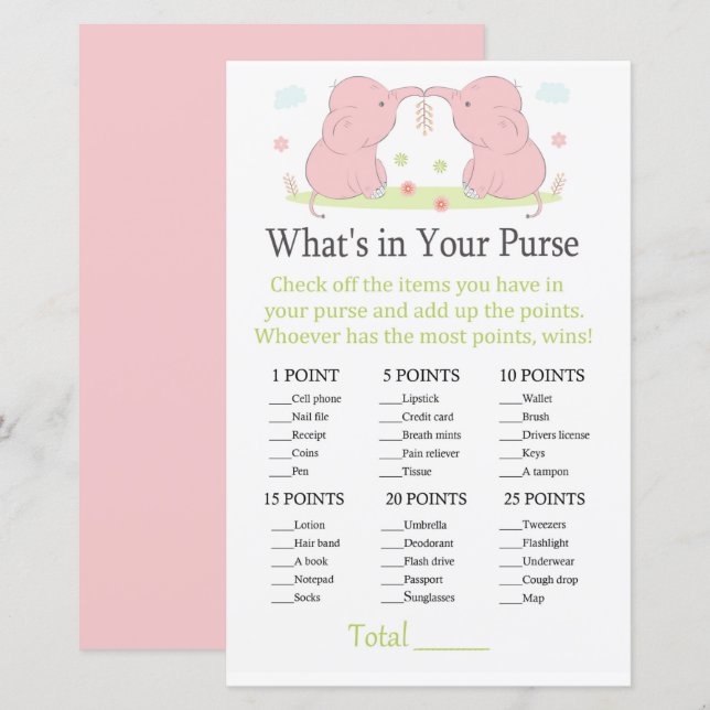 Pink Elephant What's in your purse game (Front/Back)
