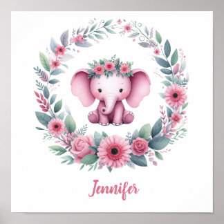 Pink Elephant with Floral Wreath Poster