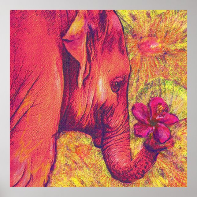 pink elephant with hibiscus poster (Front)