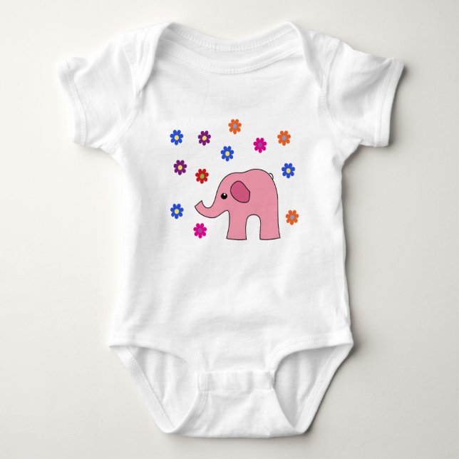 Pink elephant with roses baby girl bodysuit  (Front)