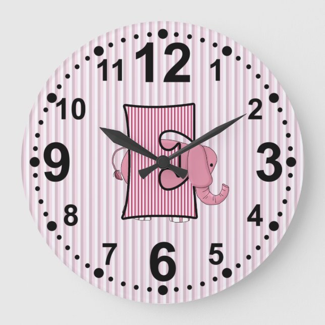 Pink Elephant with Stripes and Letter E Large Clock (Front)