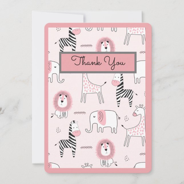 Pink Elephant Zoo Animals Baby Shower Thank You Card (Front)