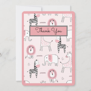 Pink Elephant Zoo Animals Baby Shower Thank You Card