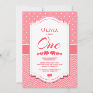 Pink Elephants and Polka Dots 1st Birthday Party Invitation