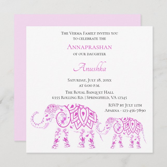 Pink Elephants Annaprashan | First Rice Invitation (Front/Back)