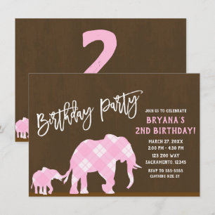 Pink Elephants Brown Modern Birthday Party ANY AGE Invitation