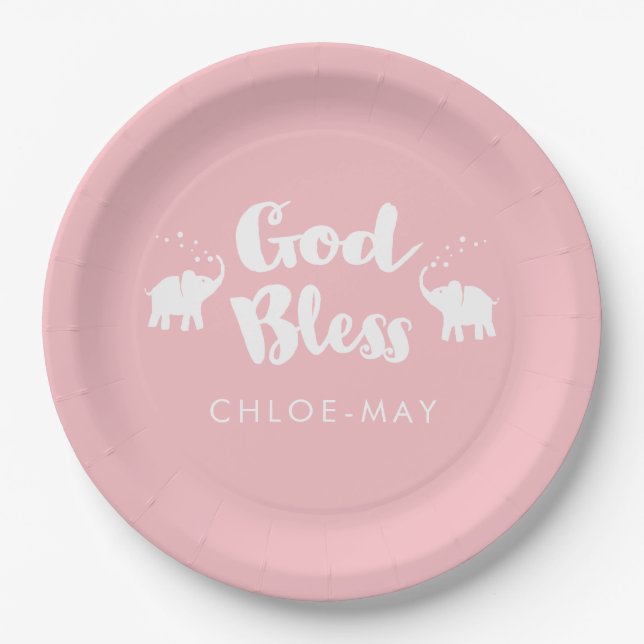 Pink Elephants God Bless Baptism/Dedication Paper Plate (Front)