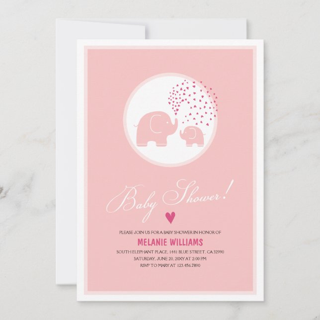 Pink Elephants Hearts Girl Baby Shower Invitation (Front)