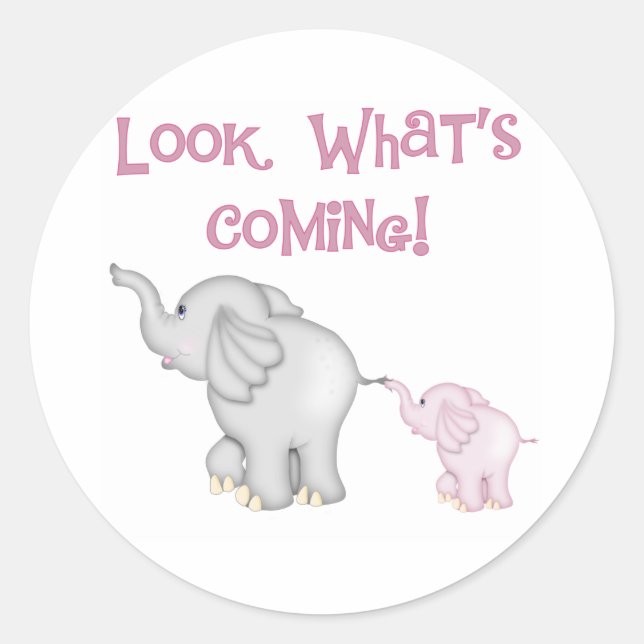 Pink Elephants Look What's Coming Classic Round Sticker (Front)