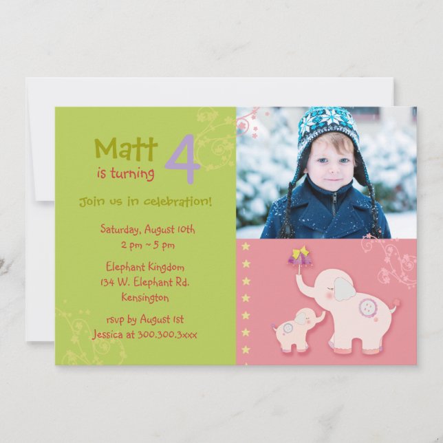 Pink Elephants Photo Birthday Party Invitation (Front)