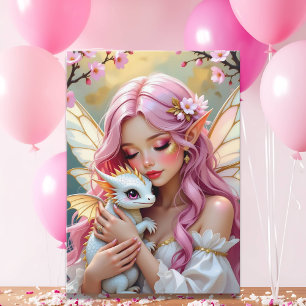 Pink Elven Fairy & White Dragon Happy Birthday Card