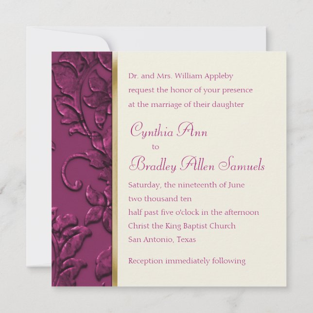 Pink Embossed Look Damask Wedding Invitation (Back)