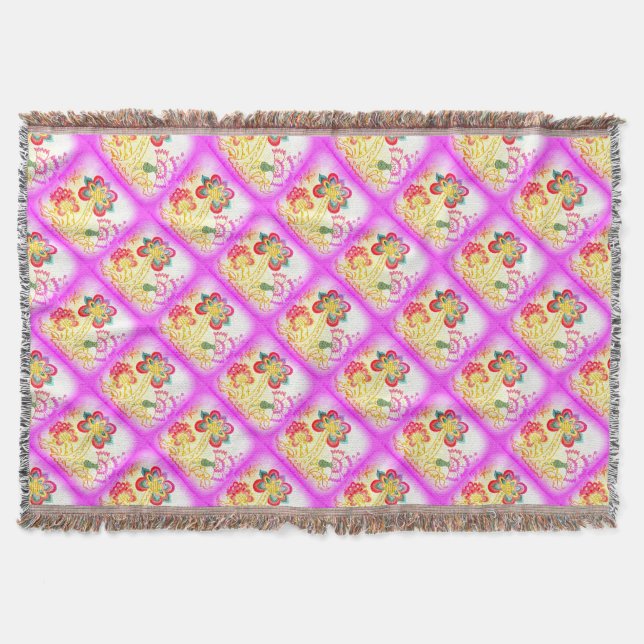 pink embroidered palm trees throw blanket (Front)