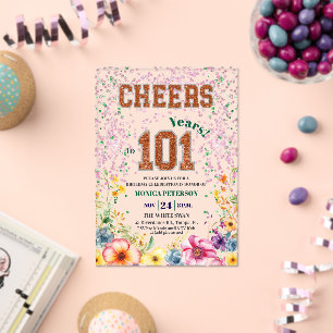 Pink Emerald Glitter Floral 101st Birthday Party Acrylic Invitations